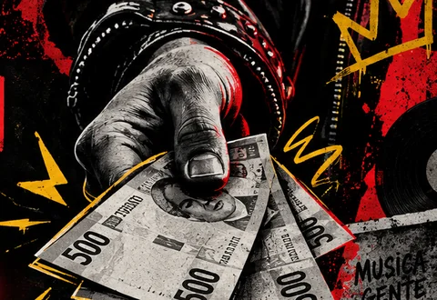 Mano sosteniendo billetes, arte independiente en negro, rojo y amarillo