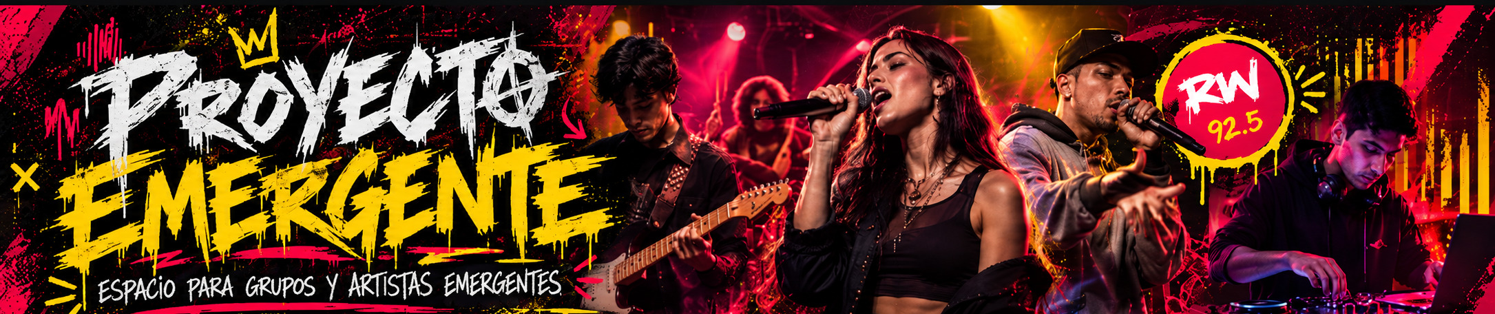 Proyecto Emergente: escenario con cantantes, guitarrista, rapero y DJ, con letras rockeras urbanas y emblema RW 92.5 FM